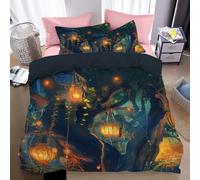 WunM Studio Reversible 3D Duvet Cover Set with Pillowcases,Soft Microfibre Single Sided Magic Forest Lantern Bedding,Easy Care Ancient oak tree Quilt Cover King Double Single Sizes