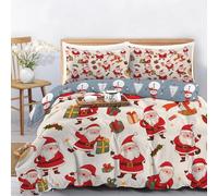 WunM Studio Reversible Christmas Duvet Cover Double,3D Print Cream Holly leaves with Cartoon cute Santa Claus Pattern,Cozy Holiday Bedding Set with Zipper & Corner Ties, Ultra Soft Microfiber, 3Pcs
