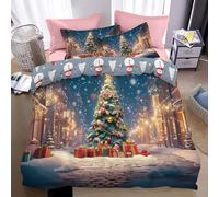 WunM Studio Reversible Christmas Duvet Cover Single,3D Print blue city streets with Night winter scenery Pattern,Cozy Holiday Bedding Set with Zipper & Corner Ties, Ultra Soft Microfiber, 3Pcs