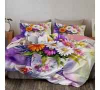 WunM Studio Reversible Double Duvet Cover Set with 2 Pillowcases, Purple flowers 3D Bedding Quilt Covers, Elegant floral flowers Duvet Cover Set Double 200x200cm for Boys Kids Teens