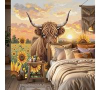 WunM Studio Scottish Highland cattle animals 3D Not Self-Adhesive Wall Murals Wallpaper,Sunflower Field Flowers Photo Large Poster Wall Paper for Kids Bedroom Living Room Home Decor(59" H x 41" W)