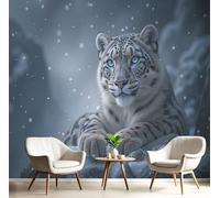 WunM Studio Snow leopard wildlife Fabric Wallpaper grey Rocks in winter snow Texture Mural Living Room 250x175cm 98.4" H x 68.9" W (Not Peel and Stick)