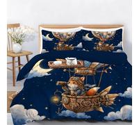 WunM Studio Super King Size Duvet Cover Set 260x220cm -Healing Fairy Tale Animals Pattern,Fox Hot Air Balloon Style Ultra Soft Microfibre,Reversible Quilt Cover with Zipper, Hypoallergenic Bedding