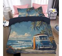 WunM Studio Tropical beach scenery Duvet Cover Set Double,Bus Beach Palm Trees Bedding Set with Pillowcases,Landscape 3D Printed Microfiber Quilt Cover,House Bedroom Decor,200 * 200cm