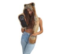 WUODHTW Animal Hood Hoods Furry Hoodie 3 in 1 Function Faux Fur Full Hood Hat Winter Warmer Cap Mittens Gloves Scarf Paws Ear Halloween Party Costume Beanie