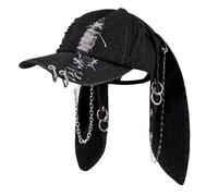 WUODHTW Baseball Cap with Ears Y2k Grunge Metal Iron Ring Chain Distressed Denim Baseball Cap Sun Caps Hiphop Dance Hat