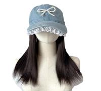 WUODHTW Baseball Cap with Hair Extensions Straight Lace Bob Hairstyle wig Lace lace denim sun hat wig Pigtail Ponytail