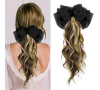 WUODHTW Bow Ponytail Wavy Wigs with Grab Ponytail Extension Clip in Long Wavy Curly Wrap Around Pony Tail Synthetic Hairpiece
