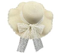 WUODHTW Lace Bow Large Brim Straw hat Women's Summer British Sun Shading Sun Protection hat Beach Sweet Fisherman hat Sun hat Beige