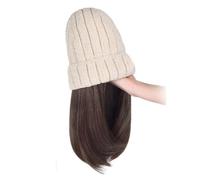 WUODHTW Winter Beanie Hat Knit With Long Wavy Curly Hair Wig Extension - Plush Knitted Warm Hat