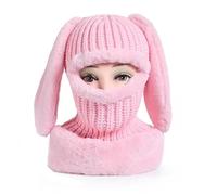 WUODHTW Winter Knit Beanie Hats Ears Funny Hat Balaclava Face Mask Snow Caps Earmuffs Skull Cap Outdoor Slouchy Scarf Hat Pink