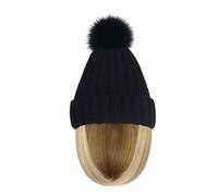 WUODHTW Women Caps with Hair Knit Beanie Cap with Extensions Short Straight Hairstyle Hat Wigs Winter knitted hat bob wig