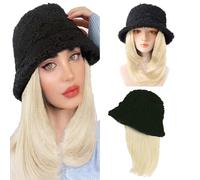 WUODHTW Women Winter Lambs Wool Bucket Cap with wig Fisherman's cap wig sun visor cap fake straight hair Beanie hat Wig