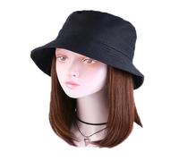 WUODHTW Women Winter Lambs Wool Bucket Cap with wig Fisherman's cap wig sun visor cap fake straight hair Beanie hat Wig