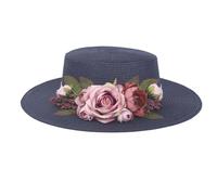 WUODHTW Women's Folable Floppy Hat Wide Brim Sun UV Protection Straw Hat Summer Handmade Flower Sun Beach Cap Sun hat Navy Blue