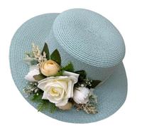 WUODHTW Women's Wide Brim Sun Hat Flower Wide Brim Summer Beach Hand Woven Straw Hat UPF 50+ UV Sunscreen Fisherman'ss Sky Blue