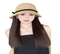 WUOFHTW Women's long Curly Wavy hair sun shading woven Fisherman big wave Hat Wig Straw Beach Hat Straight hair wig