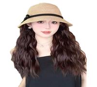 WUOFHTW Women's long Curly Wavy hair sun shading woven Fisherman big wave Hat Wig Straw Beach Hat Straight hair wig