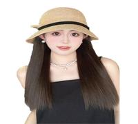 WUOFHTW Women's long Curly Wavy hair sun shading woven Fisherman big wave Hat Wig Straw Beach Hat Straight hair wig