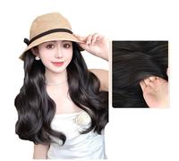 WUOFHTW Women's long Curly Wavy hair sun shading woven Fisherman big wave Hat Wig Straw Beach Hat Straight hair wig