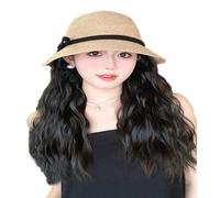 WUOFHTW Women's long Curly Wavy hair sun shading woven Fisherman big wave Hat Wig Straw Beach Hat Straight hair wig