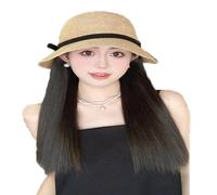 WUOFHTW Women's long Curly Wavy hair sun shading woven Fisherman big wave Hat Wig Straw Beach Hat Straight hair wig