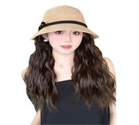 WUOFHTW Women's long Curly Wavy hair sun shading woven Fisherman big wave Hat Wig Straw Beach Hat Straight hair wig