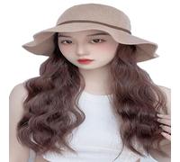 WUOFHTW Women's long Curly Wavy hair sun shading woven Fisherman big wave Hat Wig Straw Beach Hat Straight hair wig
