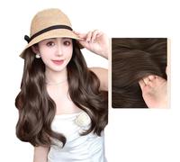 WUOFHTW Women's long Curly Wavy hair sun shading woven Fisherman big wave Hat Wig Straw Beach Hat Straight hair wig