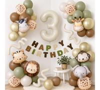 Wuokkig Safari Animal Balloons,53pcs Jungle Animal 3rd Birthday Decorations | Wild One Birthday Decorations,32Inch Cream Foil Number 3 Balloon,Safari Balloons,Happy Birthday Banner,Animal Print Balloons