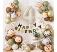 Wuokkig Safari Animal Balloons,53pcs Jungle Animal 4th Birthday Decorations | Wild One Birthday Decorations,32Inch Cream Foil Number 4 Balloon,Safari Balloons,Happy Birthday Banner,Animal Print Balloons
