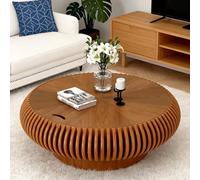 WUPDPQS Round Coffee Table with Storage, Round Wood Fluted Coffee Table with Hidden Storage, Mid Century Modern Low Circle Drum Coffee Tables for Living Room,100CM
