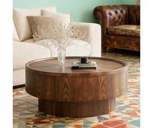 WUPDPQS Round Coffee Table with Storage, Wood Veneer Brown Round Storage Coffee Table Mid Century Modern Circle Drum Fluted Coffee Tables for Living Room,78CM