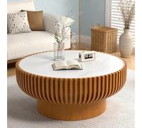 WUPDPQS Round Sintered Stone Top Coffee Table, 31 inch Brown Round Wood Fluted Coffee Table Mid Century Modern Circle Drum Fluted Coffee Tables for Living Room,80CM