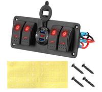 WUPEDI 4 Gang Car Switch Panel Digital Voltmeter Dual USB Outlet Combination Circuit Control, for Waterproof Marine Rocker Boat Switch Panel Replacement(Red)