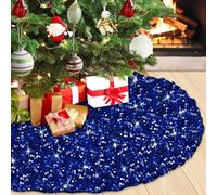 WUPIOS Blue Xmas Tree Skirt - 36 Inches Sequin Embroidered Velvet Christmas Skirt with Sparkle for Artificial Tree Decorations