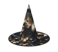 WUPngg 1 Pc Wide Brim Witch Hat, Gold White Butterflies Black Print Classic Wizard Cap