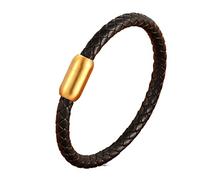 WUPNGS Bracelet Simple Style Stainless Steel Men Leather Multi-Color Black Bangle for Boy Handsome Birthday(Gold,19cm)