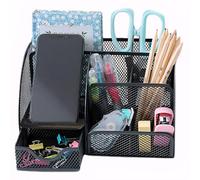 WUPYE Desk Organiser with Drawer and Compartments, Small Mesh Office Desk Accessories Supplies, Metal Black Stationary Pencil Pen Holder for desk organisers and storage