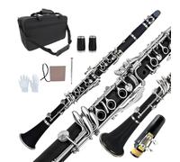 WUQIMUSC Bb Clarinet, Ebonite Body, Nickel-Plated Keys, 17 key, 2 Barrels, Black, Beginner Set, Includes Cleaning Cloth & Gloves