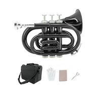 WUQIMUSC Brass Pocket Trumpet Bb Key Nickel Plated with Mouthpiece 7C, Cleaning Kit, Carrying Case, Gloves for Beginners/Students (Black)