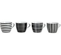Wurm KG Set of 4 Modern Porcelain Coffee Mugs, 10 cm High, Diameter 8 cm, 300 ml, Large Coffee Cups in Black/White Striped and Checked