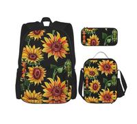 WURTON Beautiful Sunflowers Print School Backpack 3 In 1 Bookbag Set With Lunch Box Pencil Case Travel Laptop Daypacks