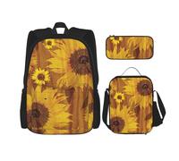 WURTON Beautiful Sunflowers Print Shoulder Backpack 3 In 1 Bookbag Set Lunch Box Pencil Case Travel Laptop Daypacks, Black, One Size