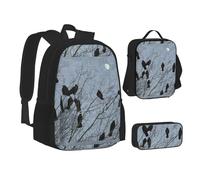 WURTON Black Crow Birds Print Backpack Lunch Box Set,3 In 1 Backpack And Pencil Case Bundle Matching Combo, Black, One Size