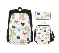 WURTON Colorful Simple Cute Animals Print Shoulder Backpack 3 In 1 Bookbag Set Lunch Box Pencil Case Travel Laptop Daypacks, Black, One Size
