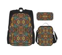 WURTON Colorful Sugar Skulls Print Shoulder Backpack 3 In 1 Bookbag Set Lunch Box Pencil Case Travel Laptop Daypacks, Black, One Size