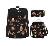 WURTON Cute Brown Cartoon Owls Print 3 In 1 Sets Casual Adjustable Shoulder Backpack Lunch Bag Pencil Case Pouch Box, Black, One Size