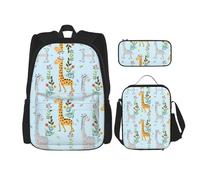 WURTON Cute Giraffe Flowers Print Shoulder Backpack 3 In 1 Bookbag Set Lunch Box Pencil Case Travel Laptop Daypacks, Black, One Size
