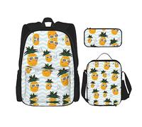 WURTON Cute Pineapple Print 3 In 1 Sets Casual Adjustable Shoulder Backpack Lunch Bag Pencil Case Pouch Box, Black, One Size